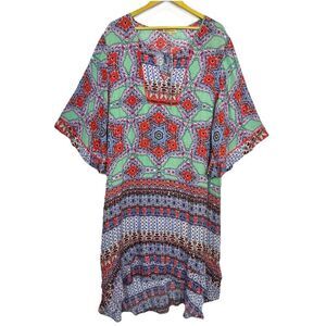 Democracy Womens Asymmetric Tunic Maxi Dress XL 3/4 Sleeve Boho Hippie Resort